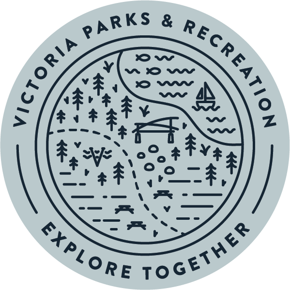 Illustration of trees and a lake with text 'Victoria Parks & Recreation Explore Together'